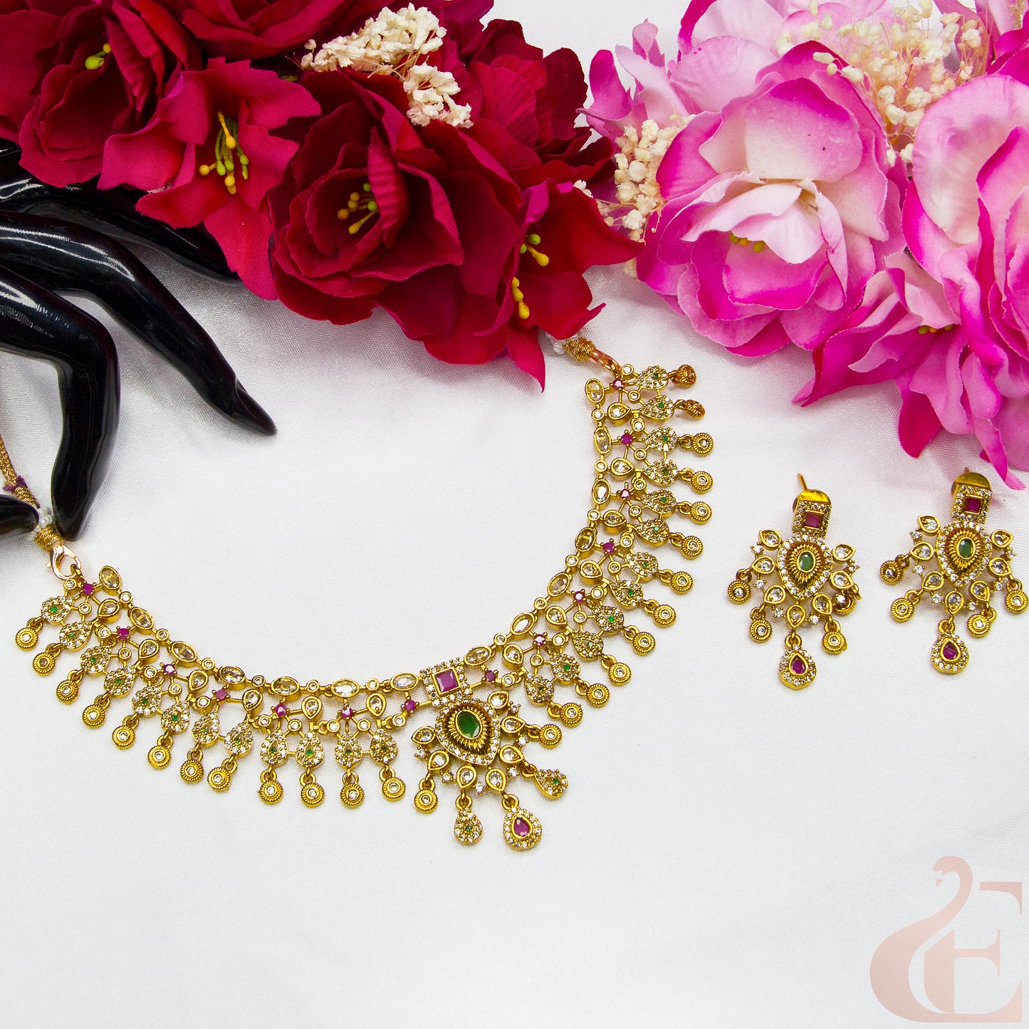 Top view of Premium Multi Color AD Necklace & Earrings ,Ruby green stones 