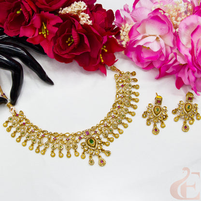 Top view of Premium Multi Color AD Necklace & Earrings ,Ruby green stones 