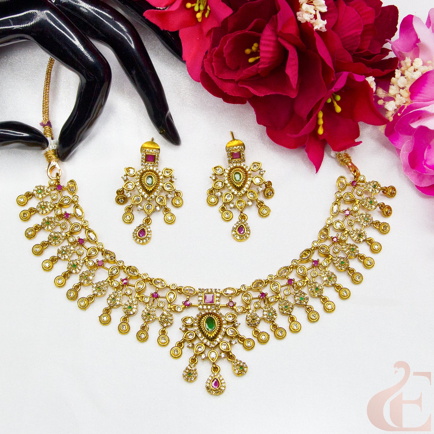 Top view of Premium Multi Color AD Necklace & Earrings ,Ruby green stones 