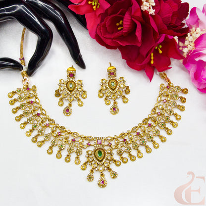 Top view of Premium Multi Color AD Necklace & Earrings ,Ruby green stones 