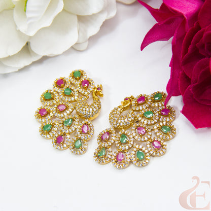 Top view of  Premium Peacock Antique AD Earrings Ruby Green stones 139