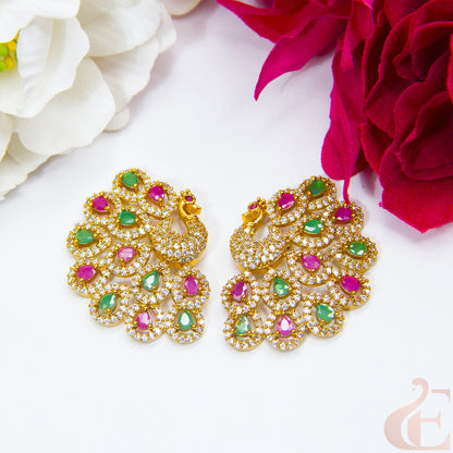 Top view of  Premium Peacock Antique AD Earrings Ruby Green stones 139