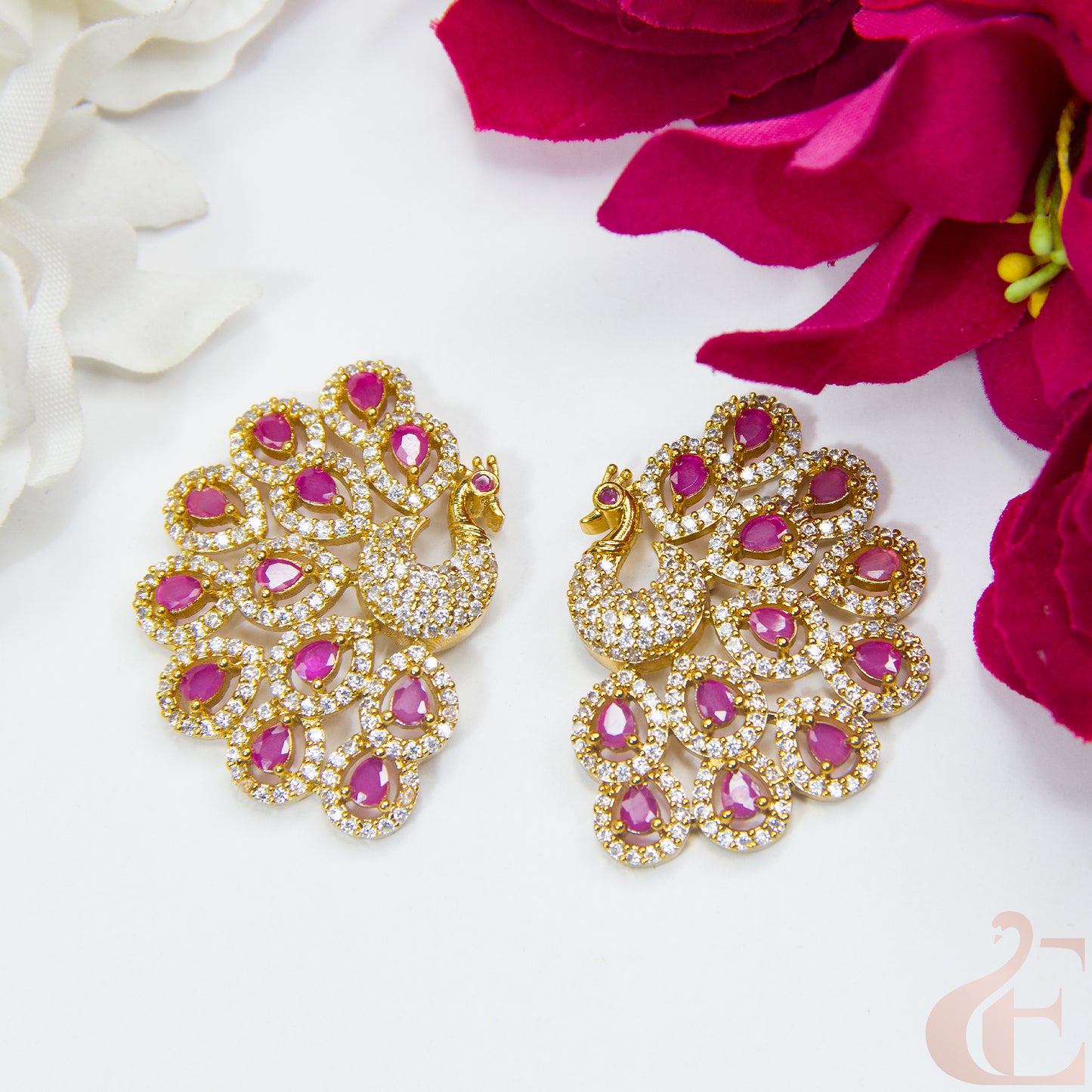 Top view of  Premium Peacock Antique AD Earrings Ruby  stones 139