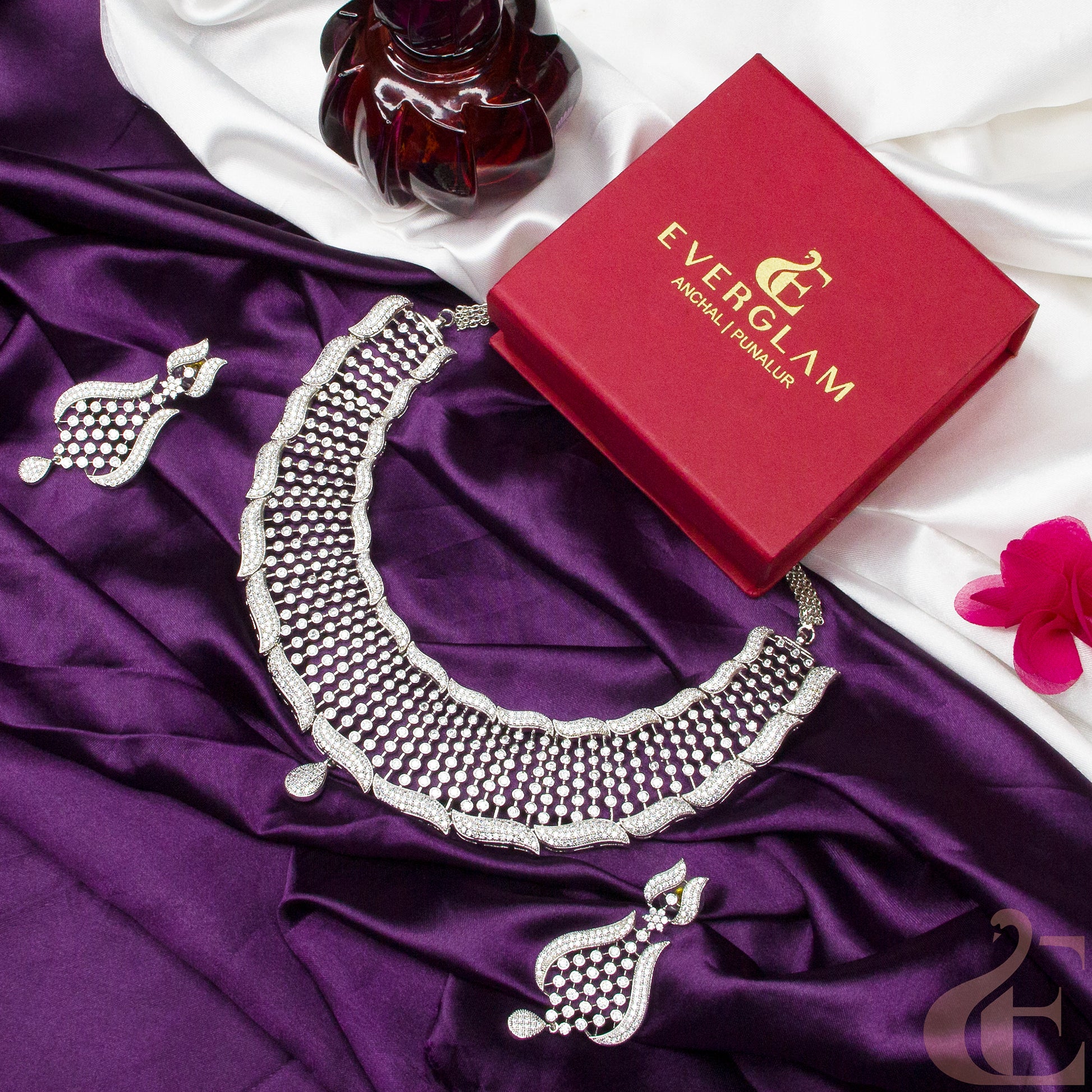 Top view of Premium Quality AD Necklace & Earring