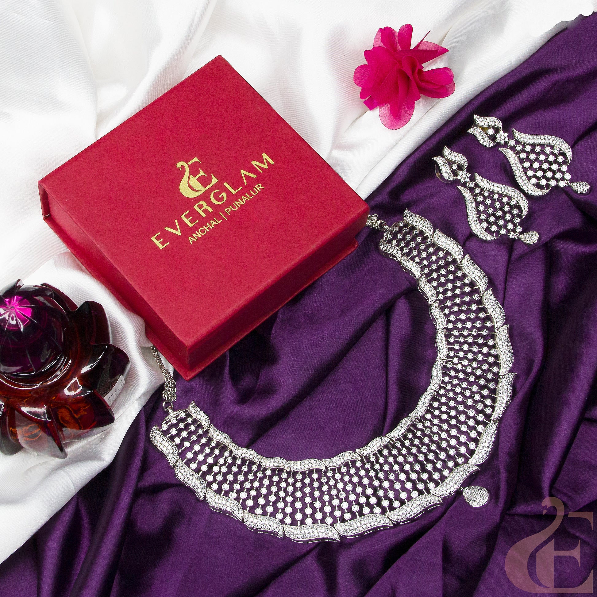 Top view of Premium Quality AD Necklace & Earring 