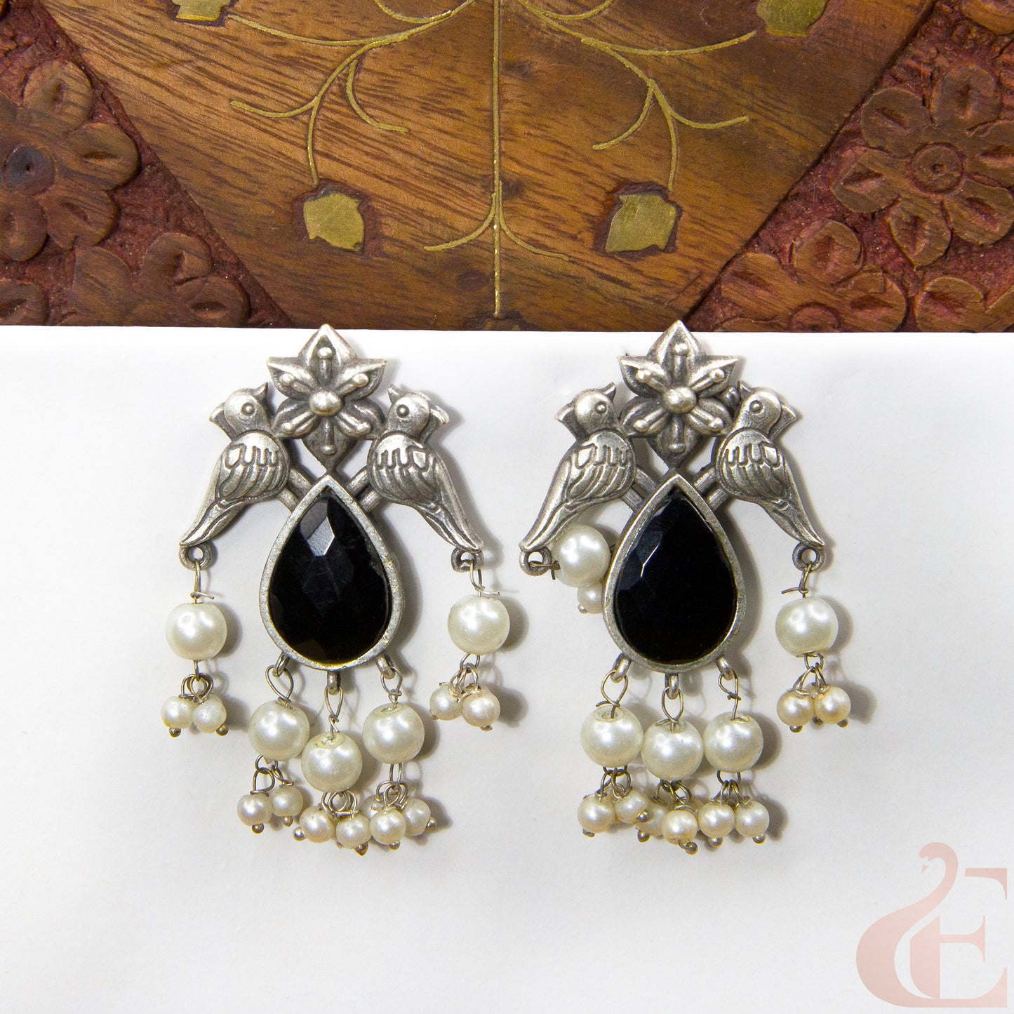 Front view of Premium Silver Replica Earrings Black Stone