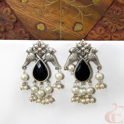 Front view of Premium Silver Replica Earrings Black Stone