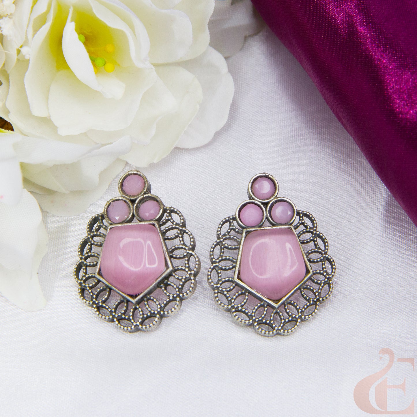 Front view of Premium Silver Replica Earrings baby pink stone 