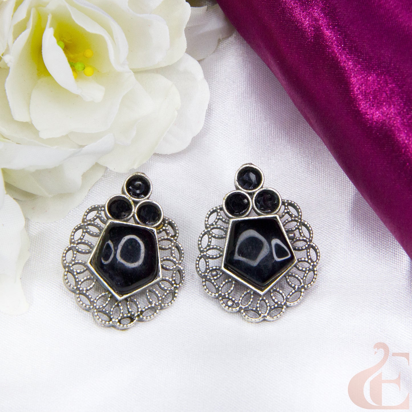 Front view of Premium Silver Replica Earrings  black stone 02