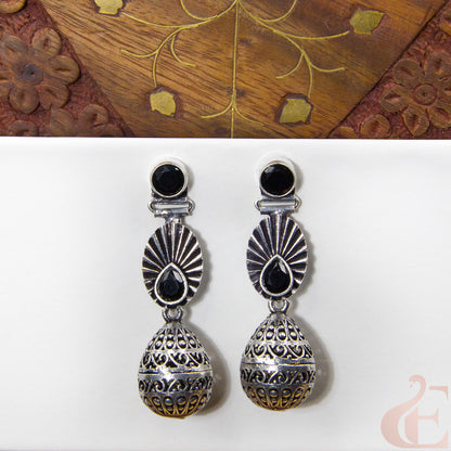 Front view of Premium Silver Replica Earrings black stone