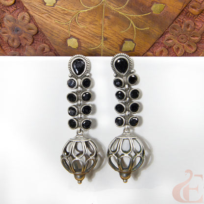 Front view of Premium Silver Replica Earrings black stone