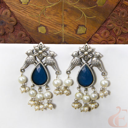 Front view of Premium Silver Replica Earrings blue Stone