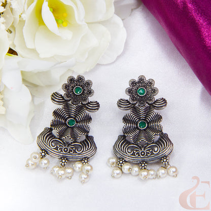 Top view of Premium Silver Replica Earrings green small stones