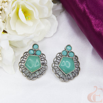Front view of Premium Silver Replica Earrings ocean green stone 