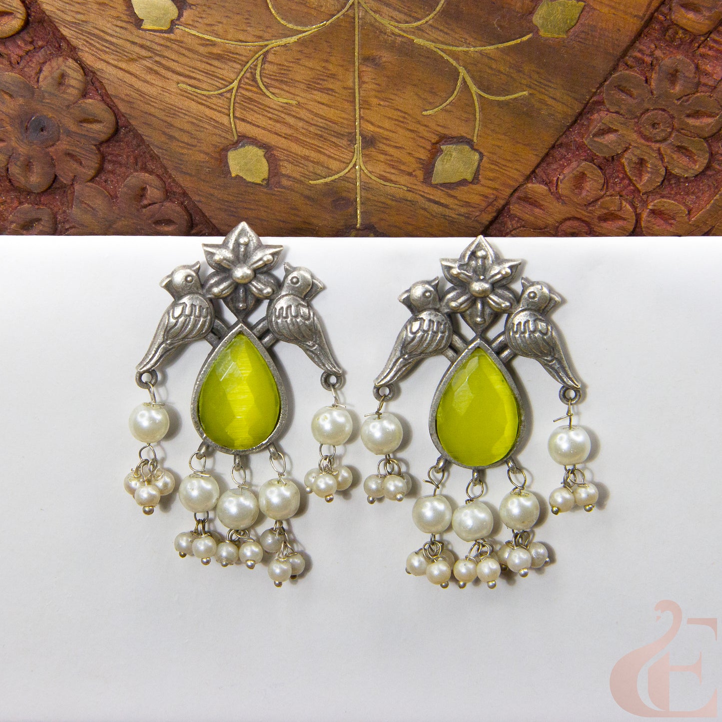 Front view of Premium Silver Replica Earrings yellow Stone