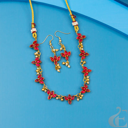 Top view of Reversible Matte Finish Necklace With Hook Earrings Ruby stones 