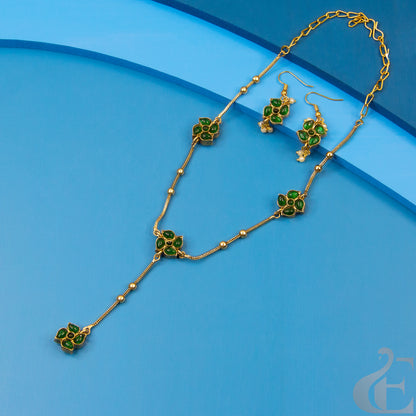 Top view of Reversible Matte Finish Necklace With Hook Earrings Ruby Green Stones