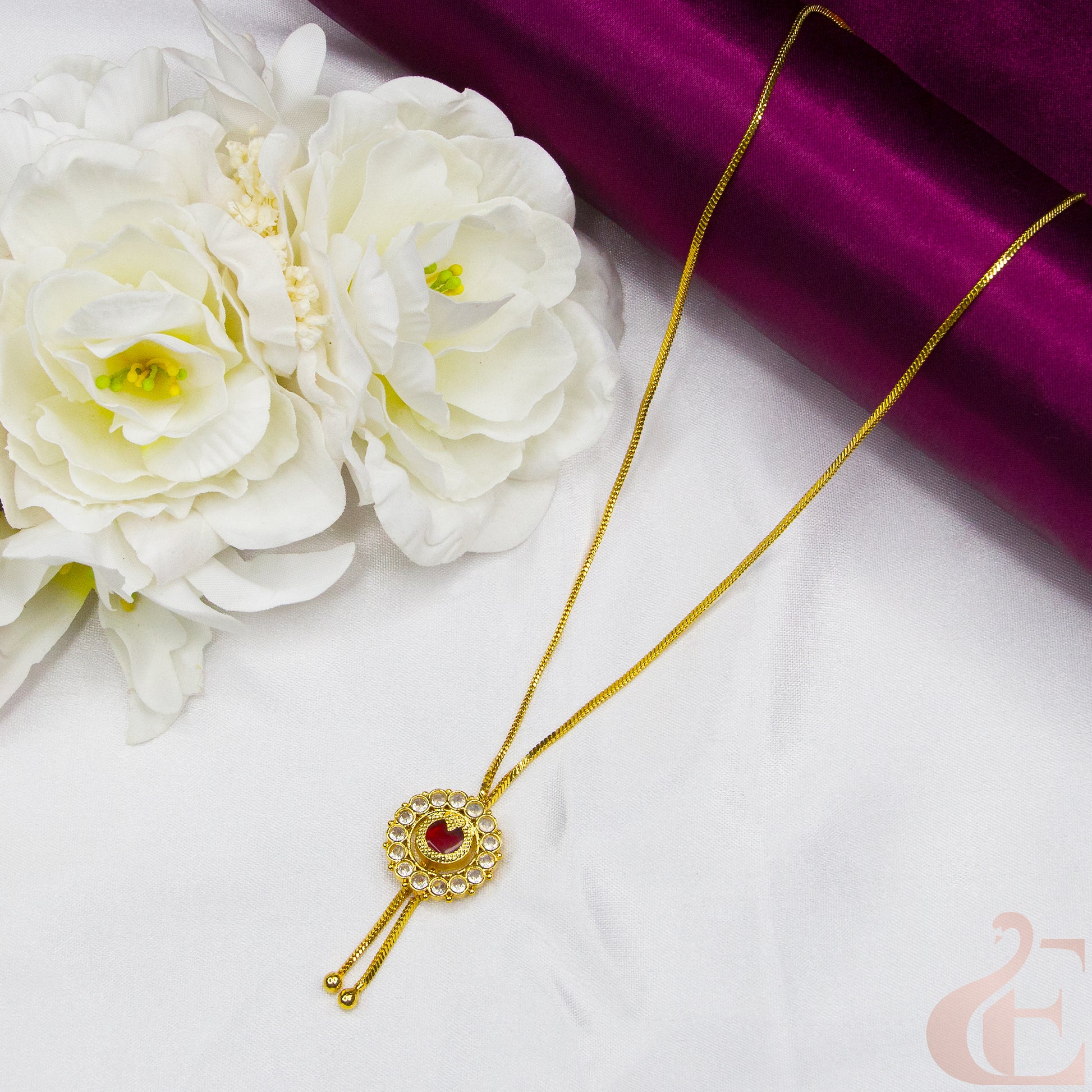 Top view of Round Design Gold Look Palakka Pendant Necklace , Ruby white stones 