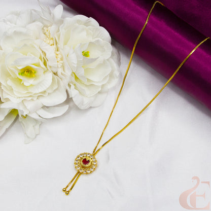 Top view of Round Design Gold Look Palakka Pendant Necklace , Ruby white stones 
