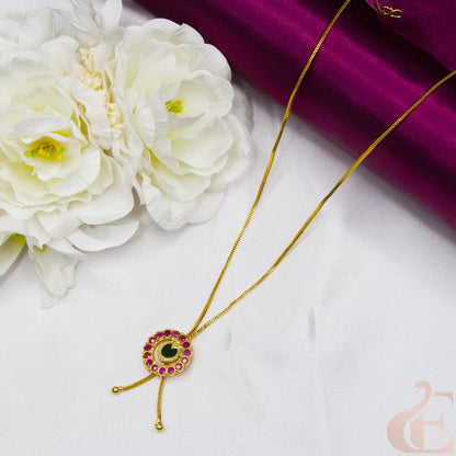 Top view of Round Design Gold Look Palakka Pendant Necklace , Ruby green stones 