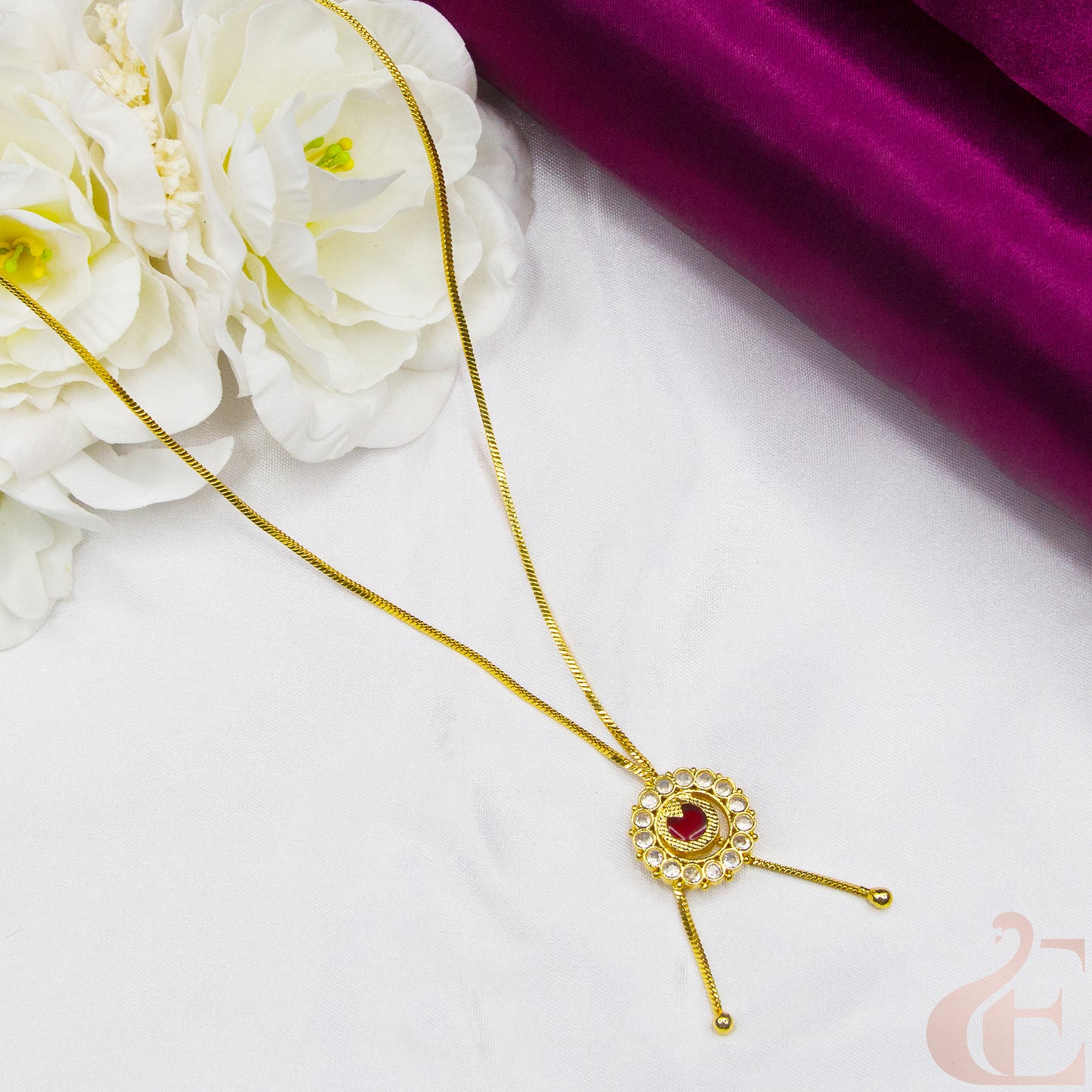 Top view of Round Design Gold Look Palakka Pendant Necklace , Ruby white stones 