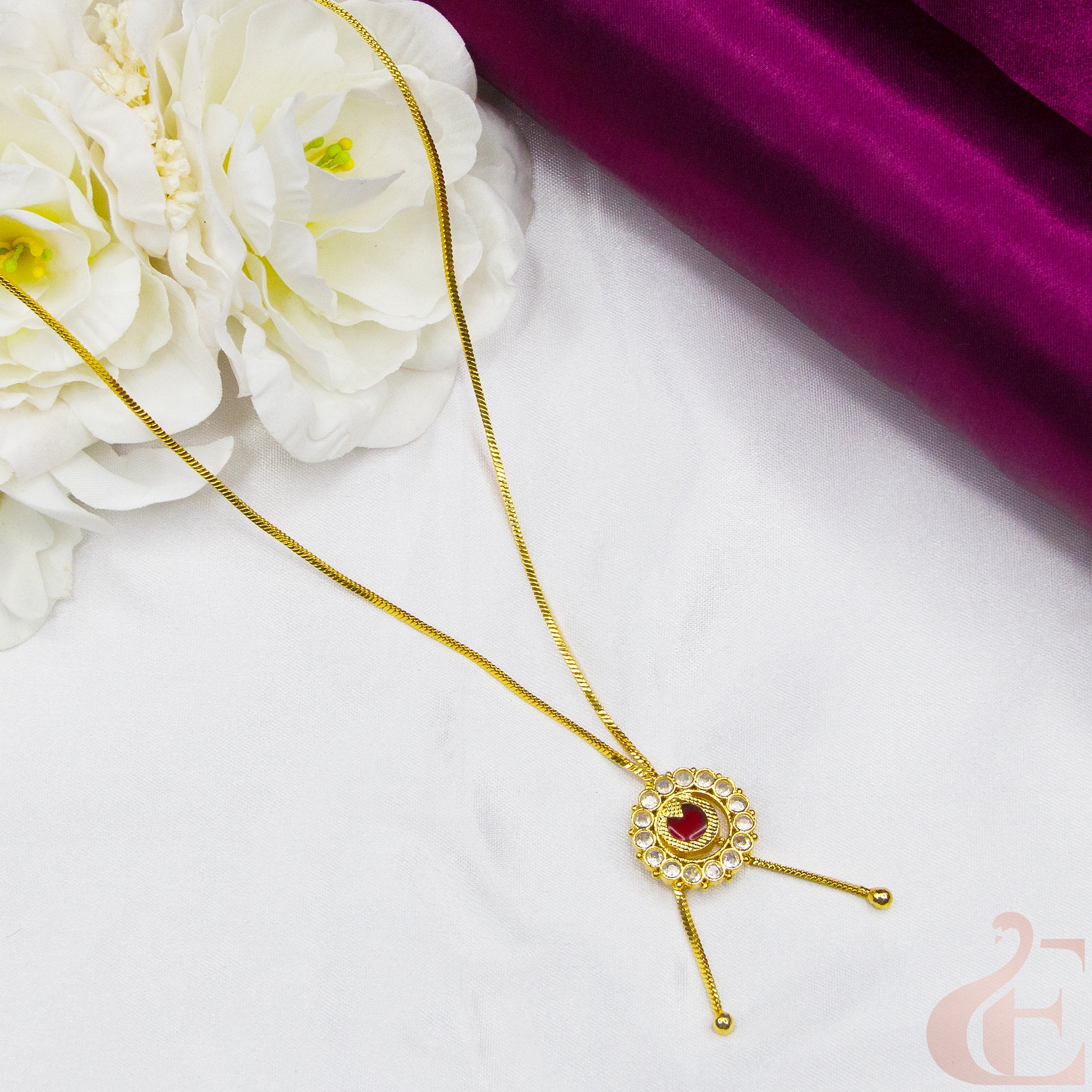 Top view of Round Design Gold Look Palakka Pendant Necklace , Ruby white stones 