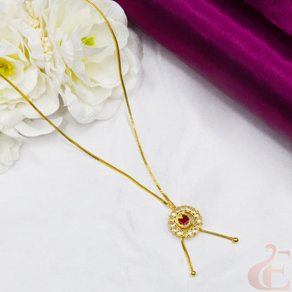 Top view of Round Design Gold Look Palakka Pendant Necklace , Ruby white stones 