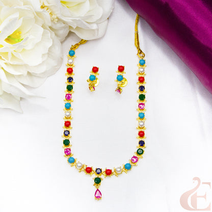Gold Plated AD Stone & Pearl Necklace & Earrings 44
