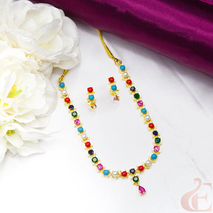 Gold Plated AD Stone & Pearl Necklace & Earrings 44