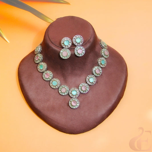 Top view of Silver Replica AD Stone  Necklace & Earrings Pista green and pink stones 