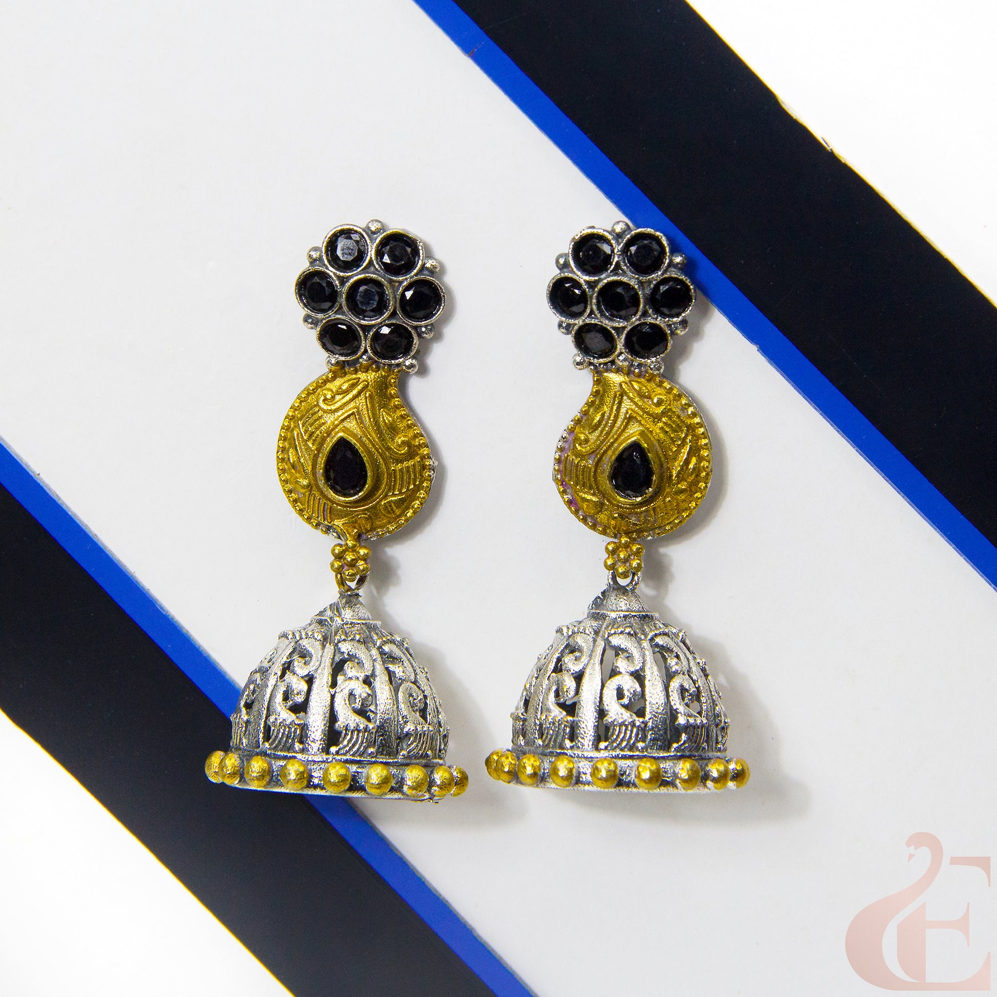 Front view of Silver Replica Long Jhumka Earrings Black Stone