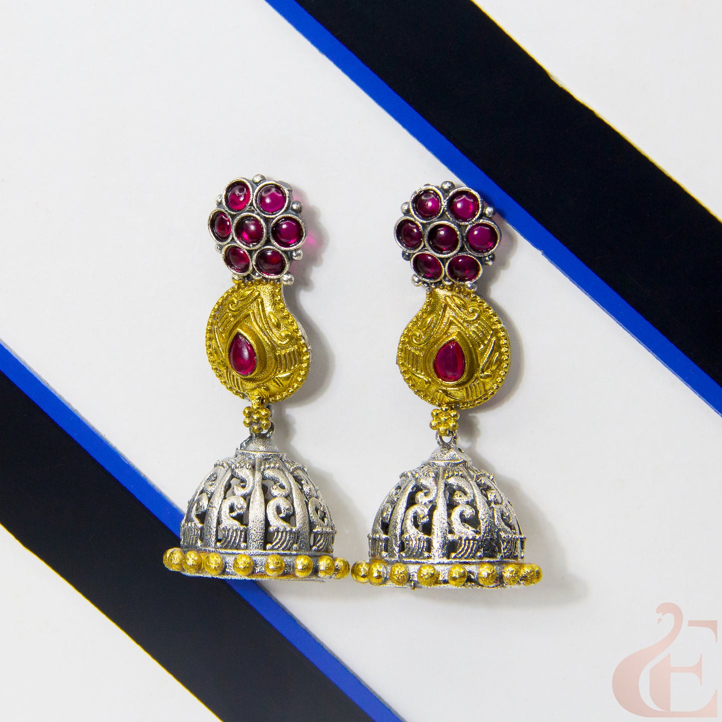 Front view of Silver Replica Long Jhumka Earrings Rani Pink 