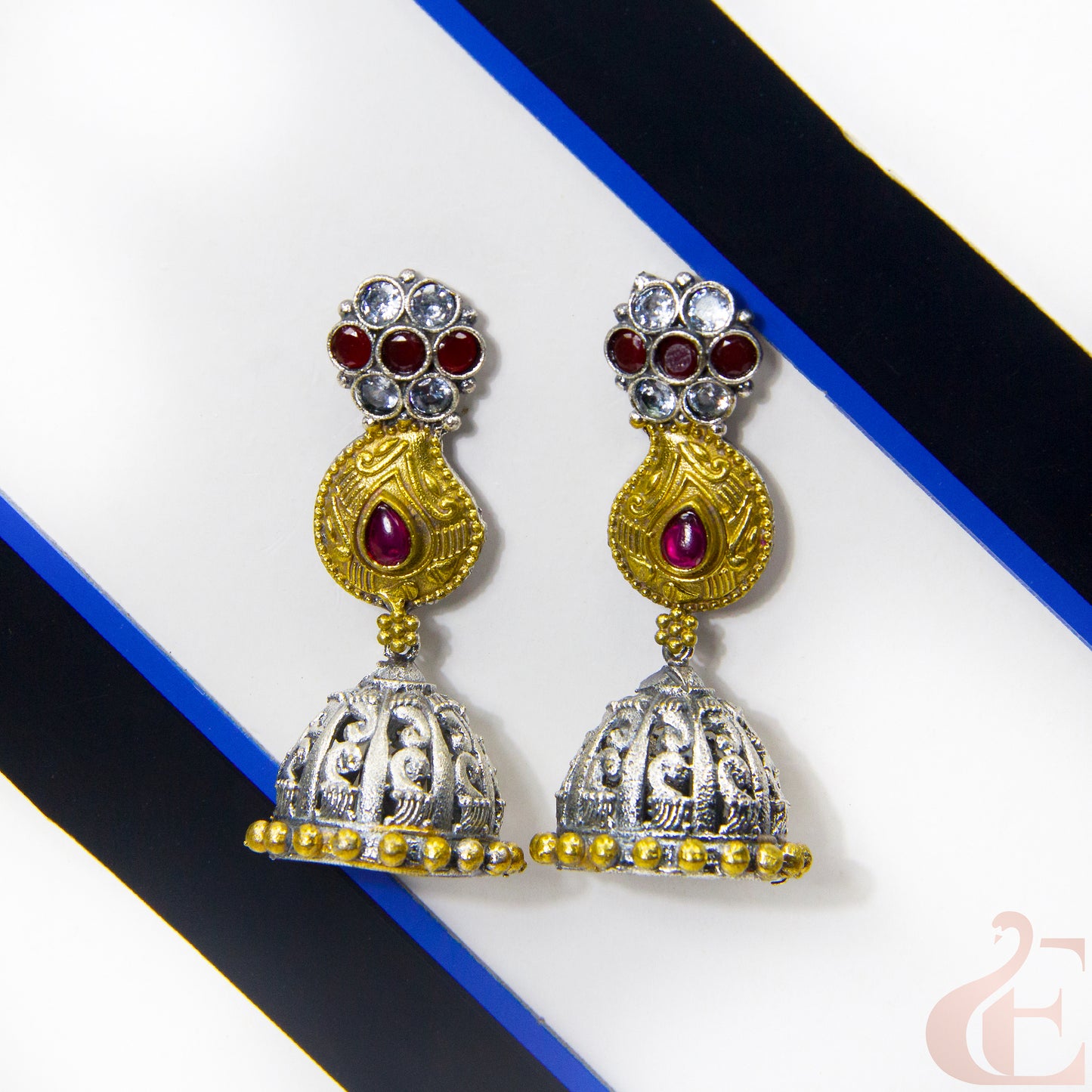 Front view of Silver Replica Long Jhumka Earrings White Ruby Stone