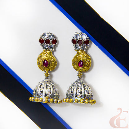 Front view of Silver Replica Long Jhumka Earrings White Ruby Stone