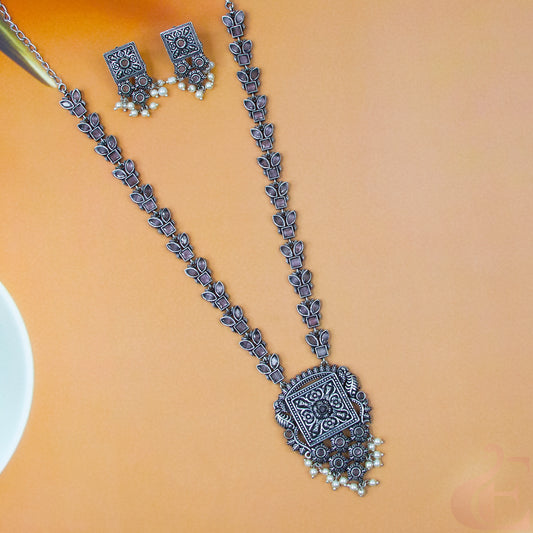 Top view of Silver Replica Long Necklace Set Baby Pink stones