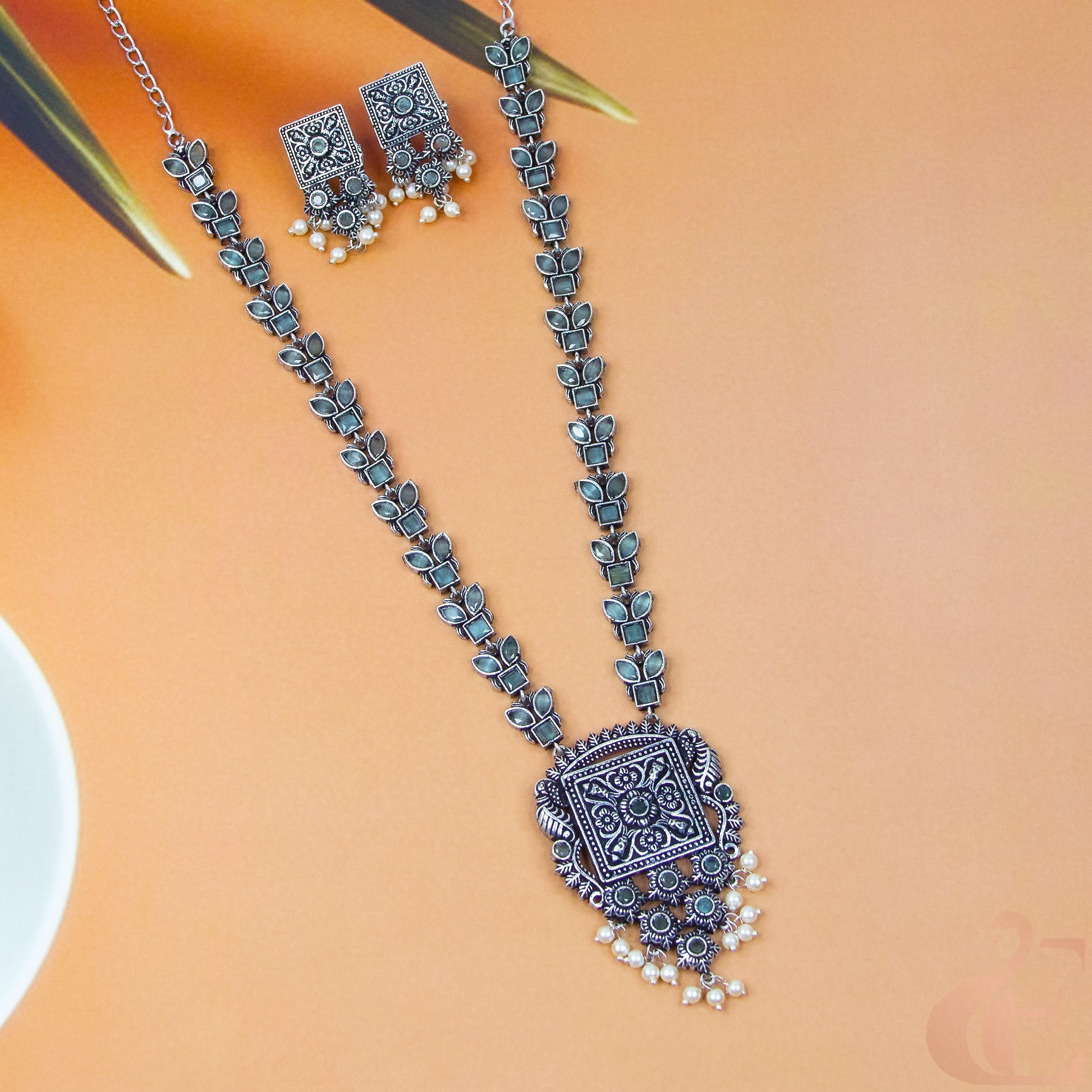 Top view of Silver Replica Long Necklace Set Olive Green  stones