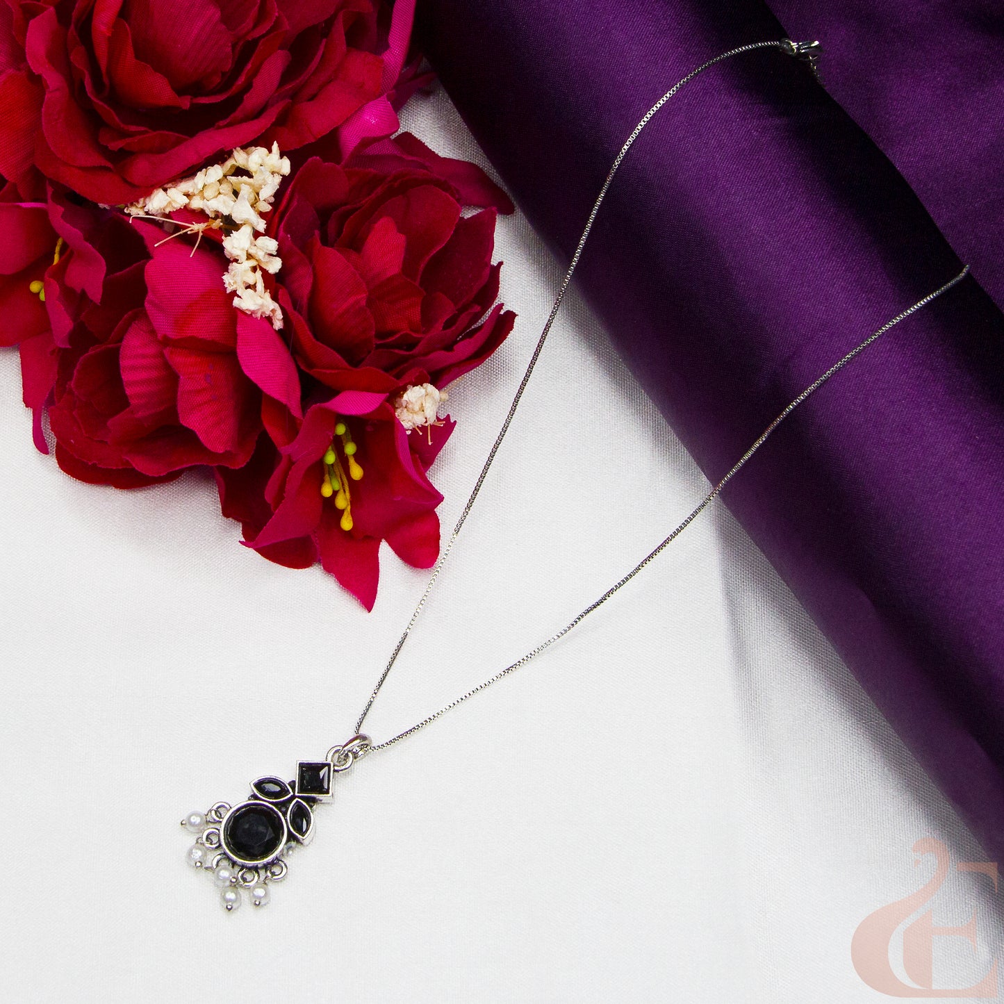 Top view of Simple Chain Oxidised Pendant Necklace Black Stone 