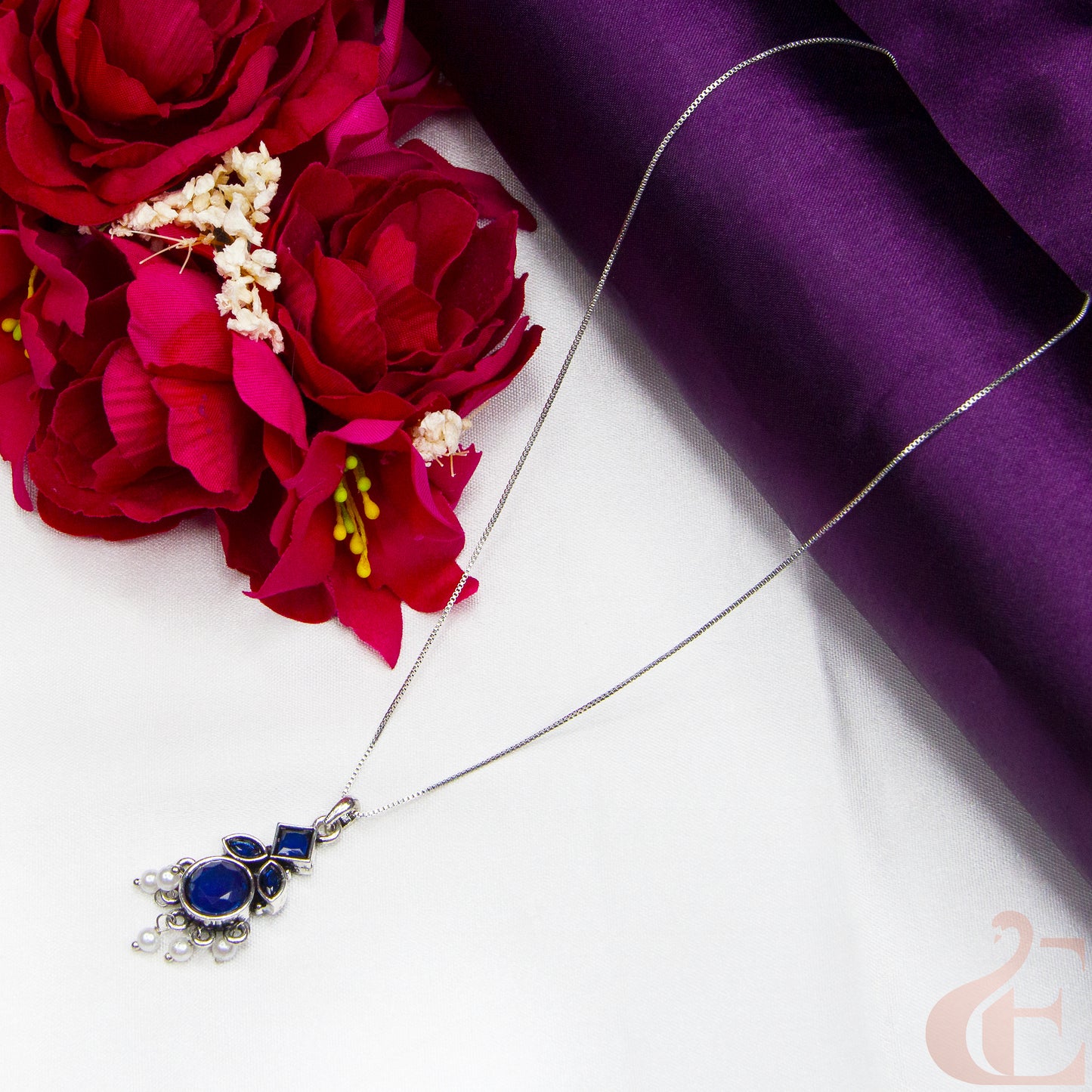 Top view of Simple Chain Oxidised Pendant Necklace Blue Stone