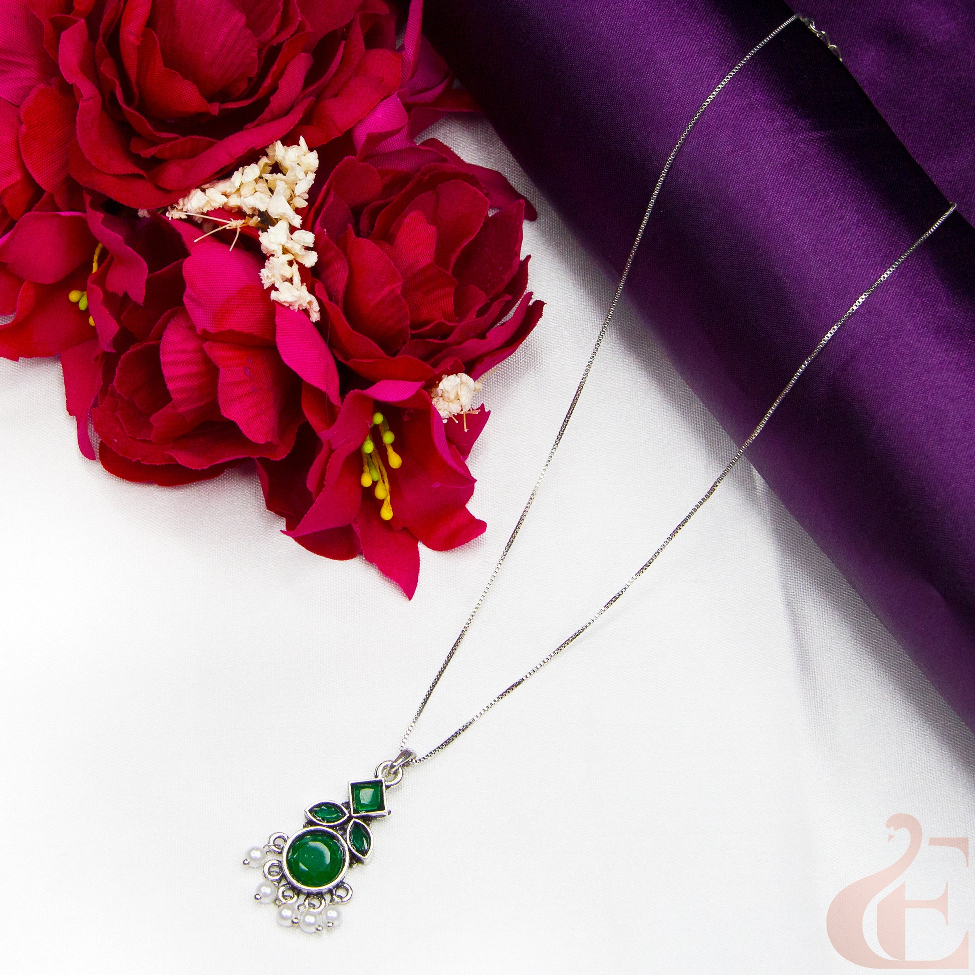 Top view of Simple Chain Oxidised Pendant Necklace Green Stone