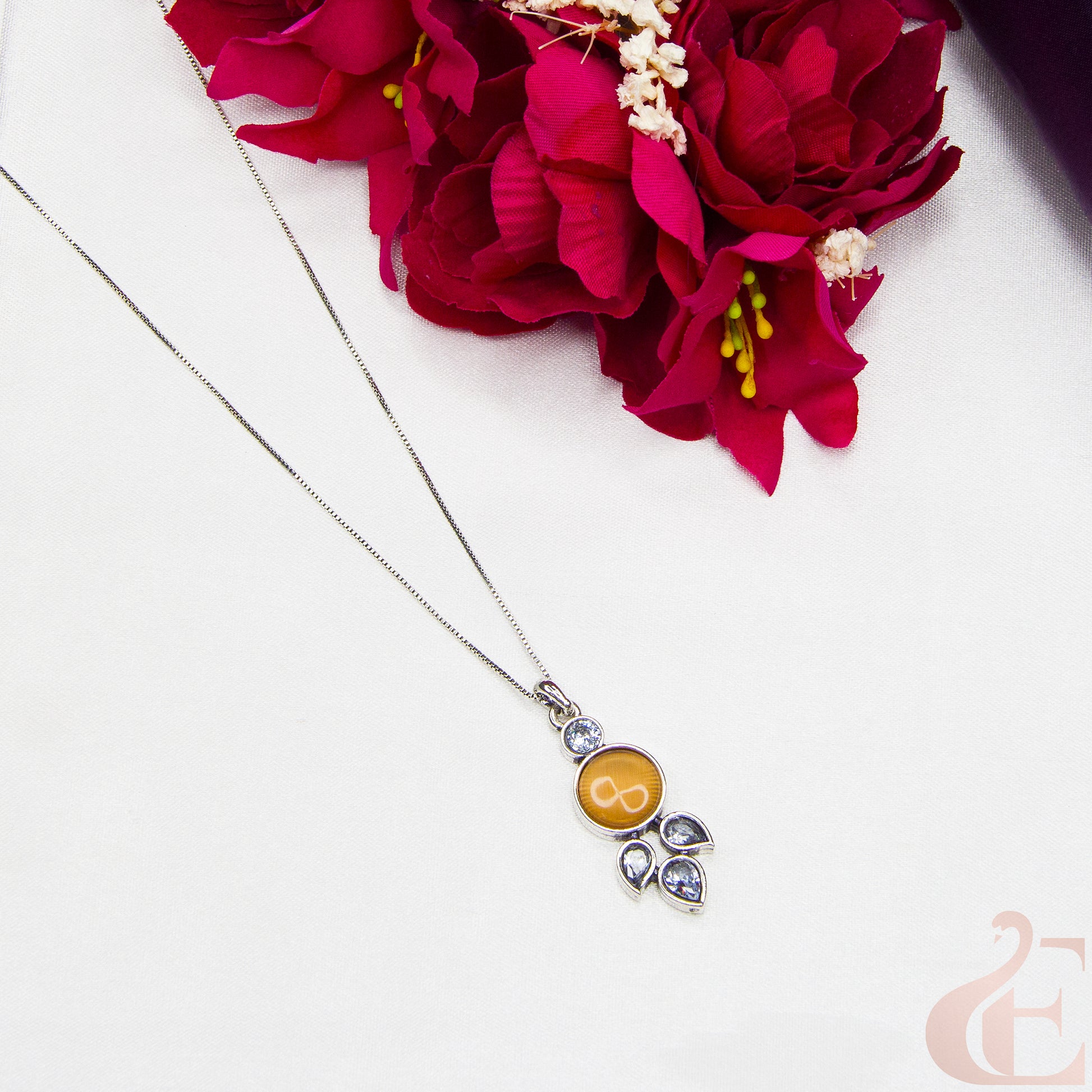 Top view of Simple Chain Oxidised Pendant Necklace Light Brown Stone 