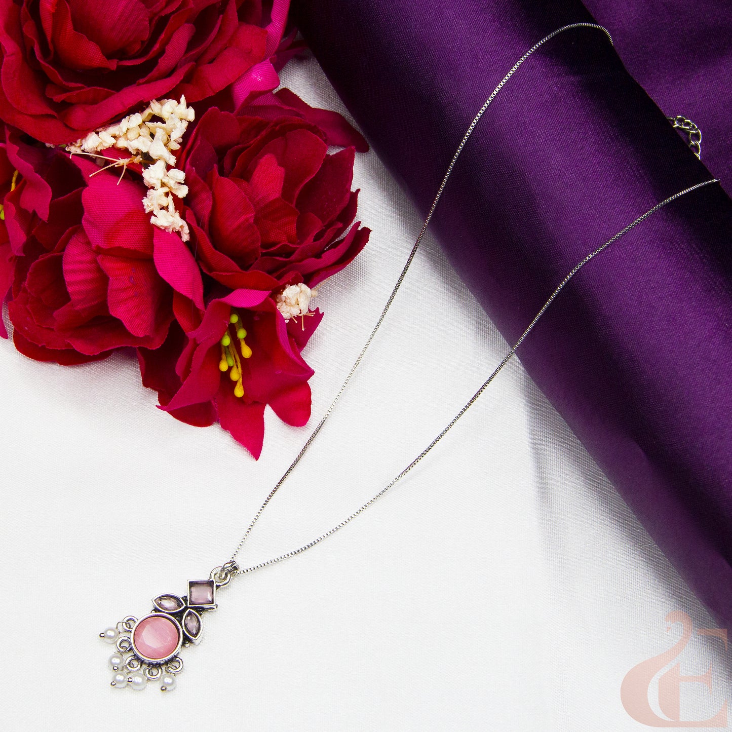 Top view of Simple Chain Oxidised Pendant Necklace Pink Stone 