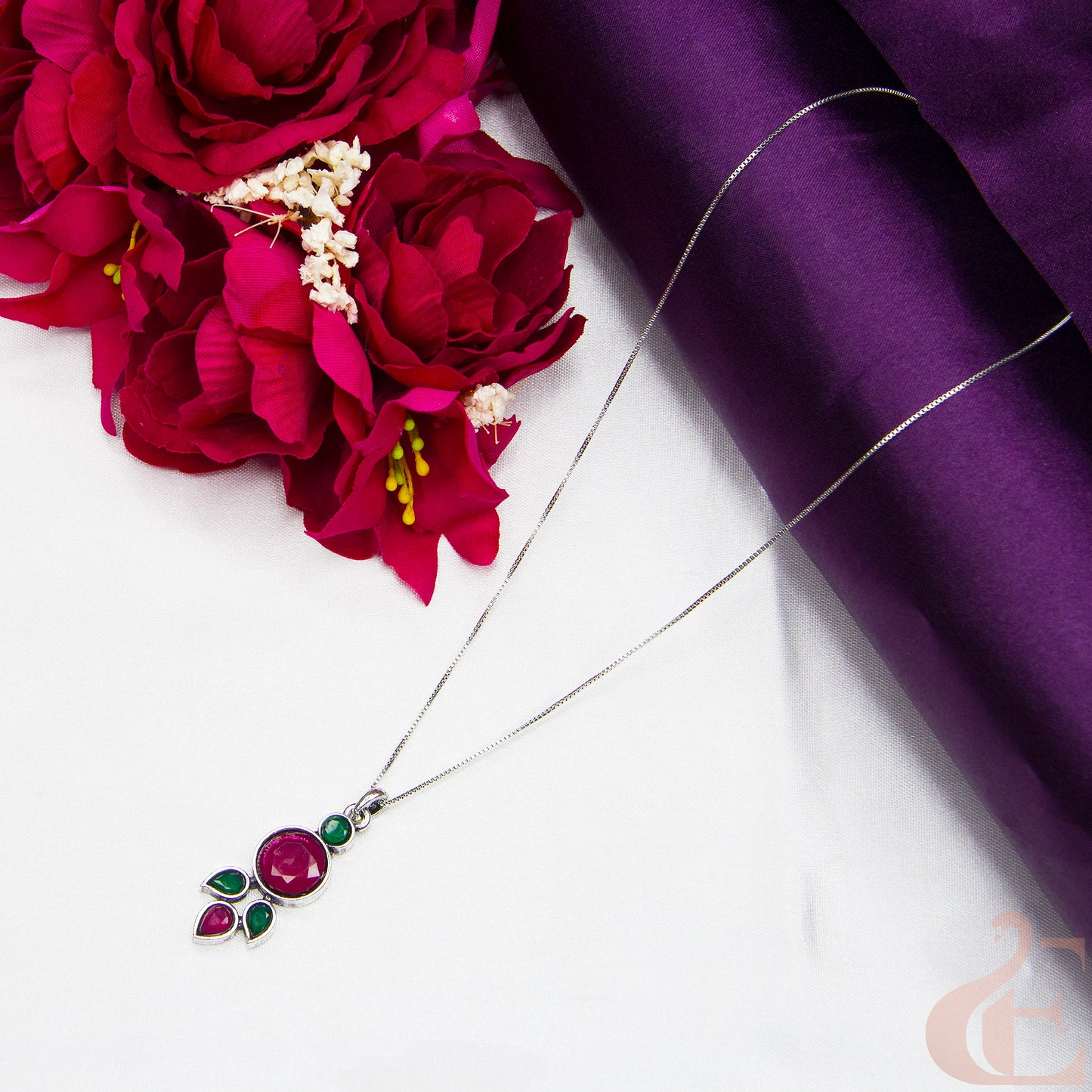 Top view of Simple Chain Oxidised Pendant Necklace Ruby Green Stone 