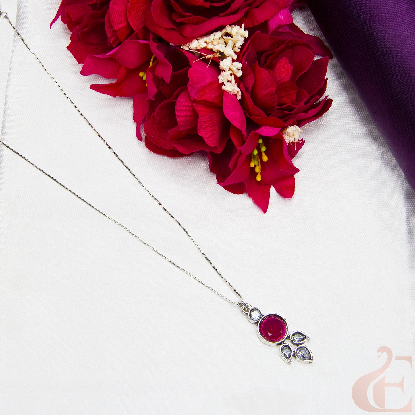 Top view of Simple Chain Oxidised Pendant Necklace Ruby Stone 
