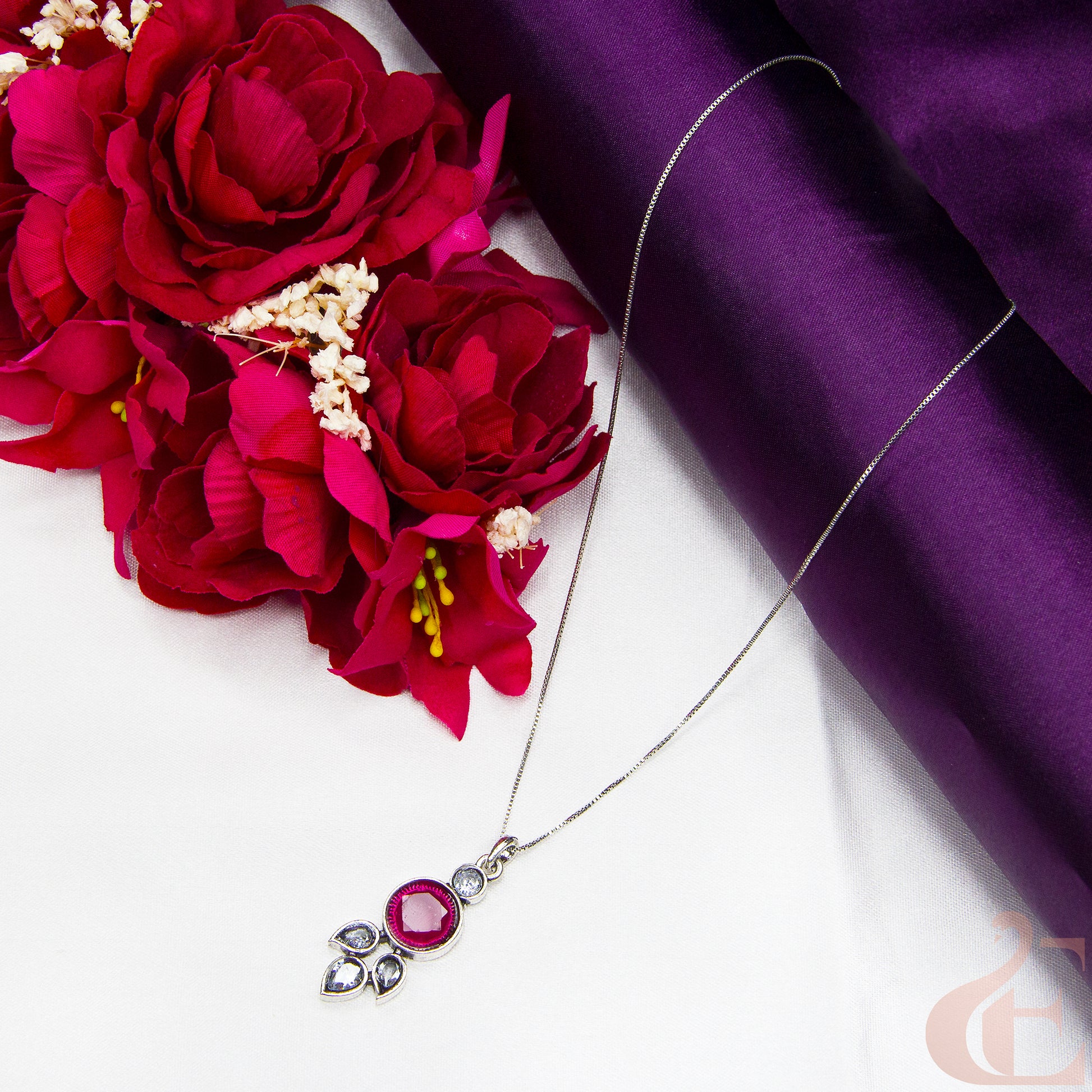 Top view of Simple Chain Oxidised Pendant Necklace Ruby Stone 