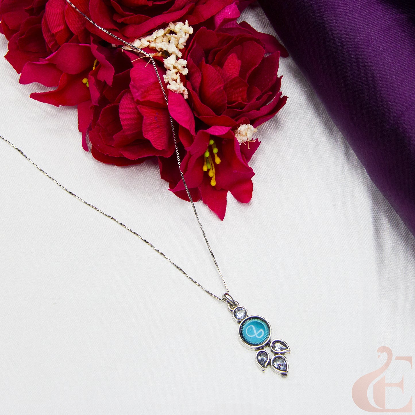 Top view of Simple Chain Oxidised Pendant Necklace Sky Blue Stone