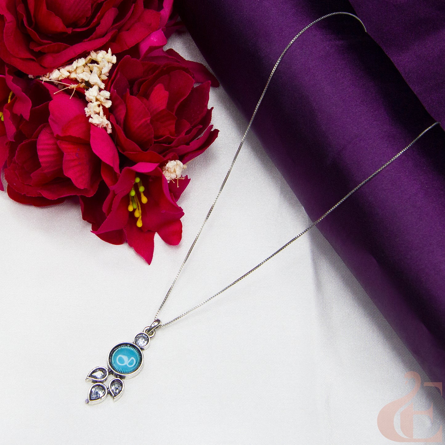 Top view of Simple Chain Oxidised Pendant Necklace Sky Blue Stone 