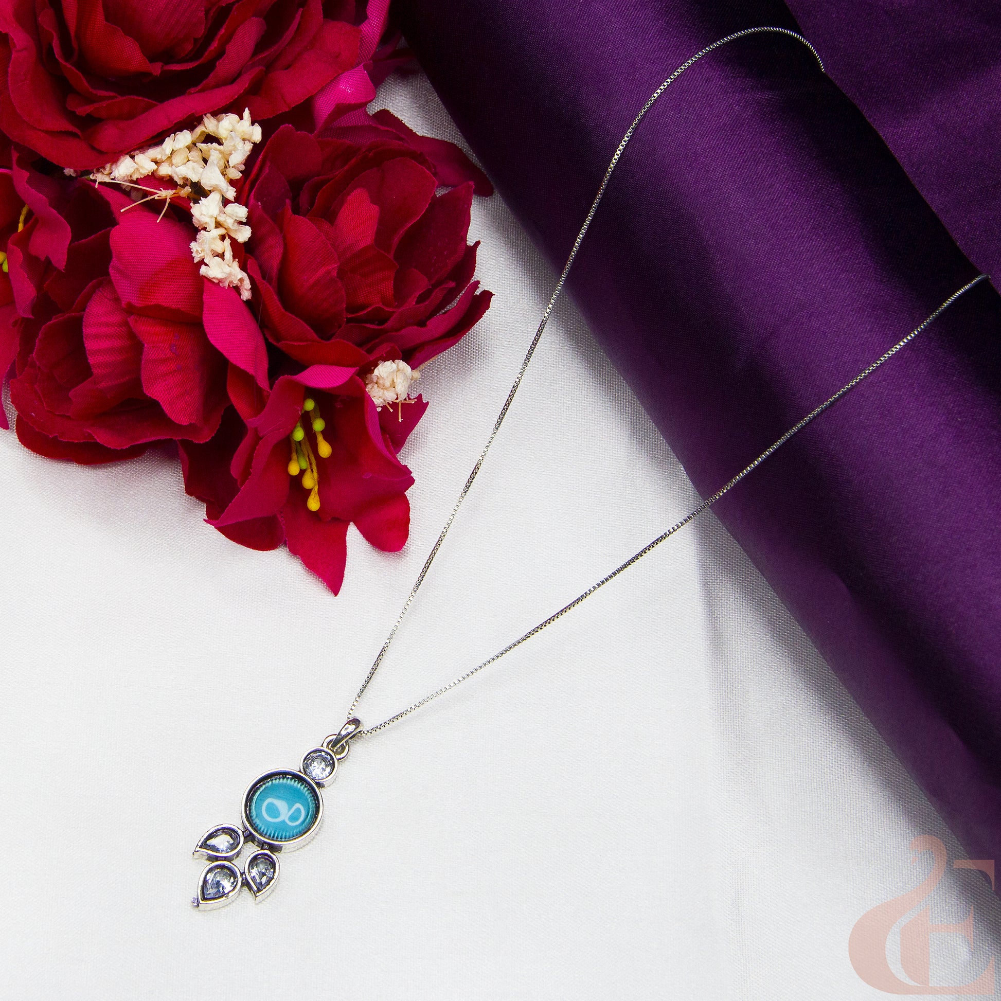 Top view of Simple Chain Oxidised Pendant Necklace Sky Blue Stone 