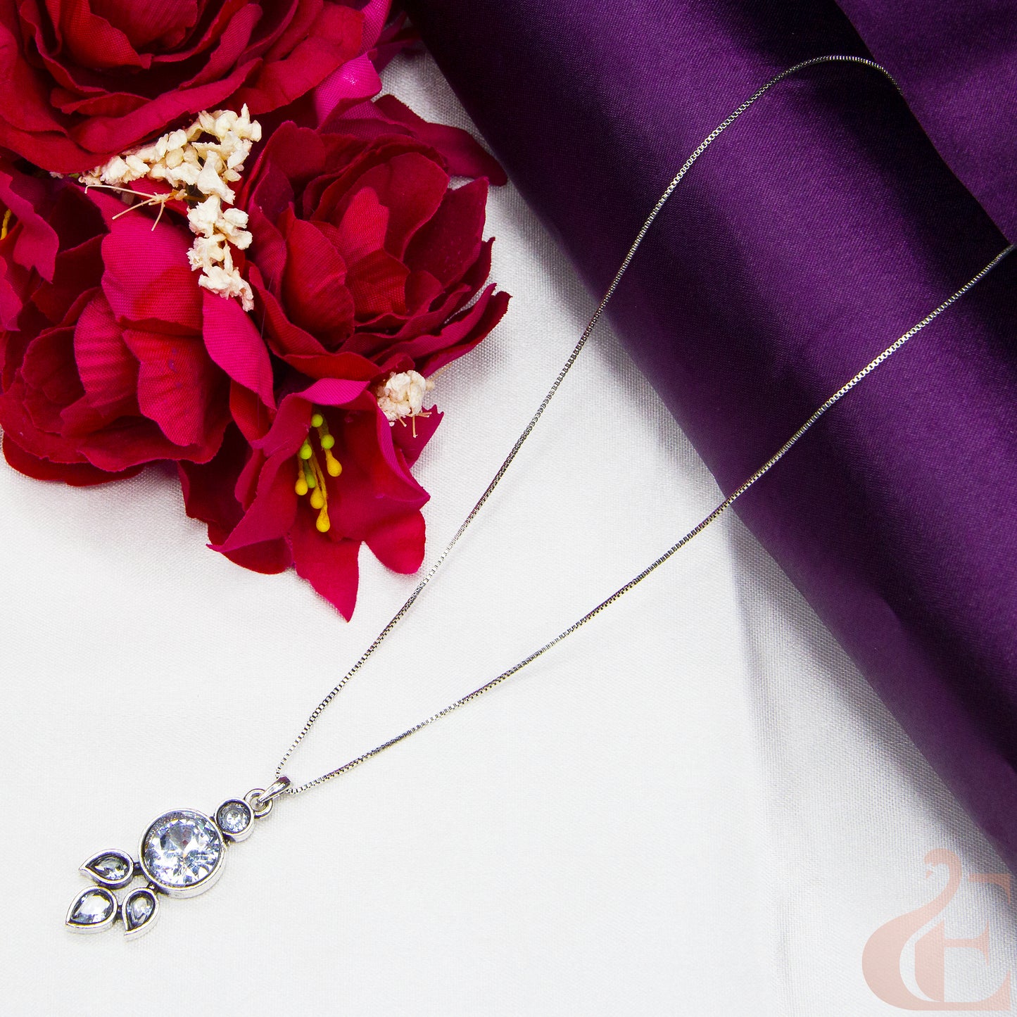 Top view of Simple Chain Oxidised Pendant Necklace White Stone 