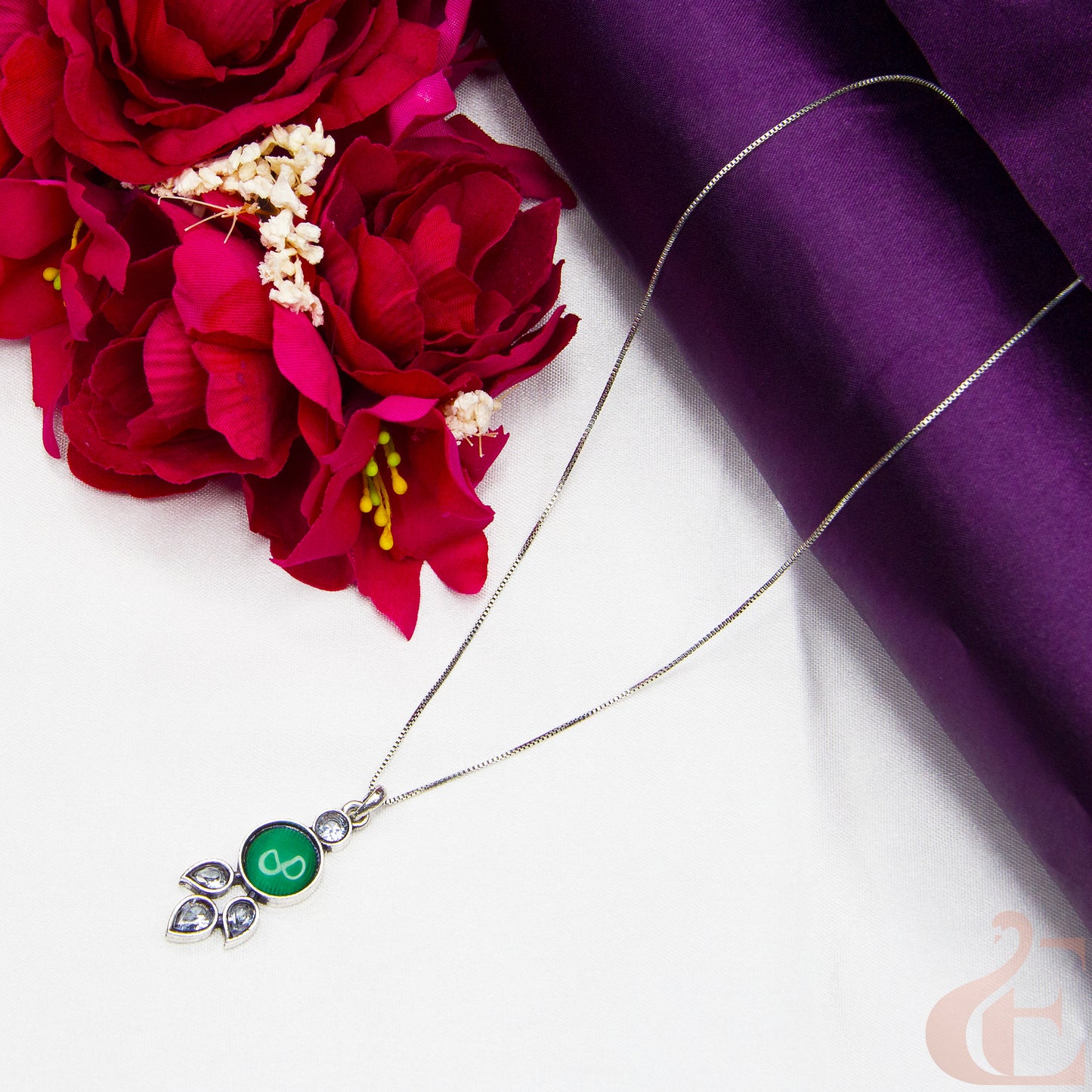 Top view of Simple Chain Oxidised Pendant Necklace green Stone 