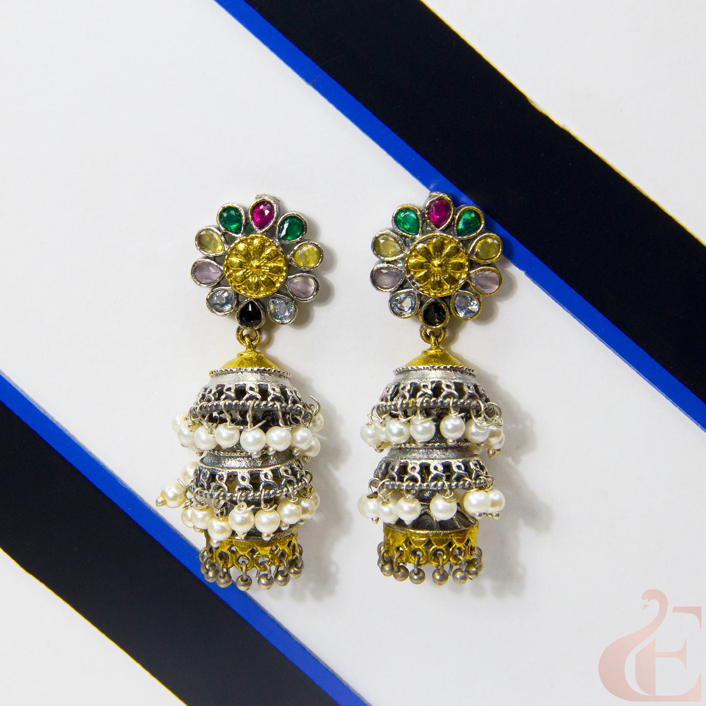 Front view of Stylish Silver Replica 3 Layer Long Jhumka Earrings Multi color Stone